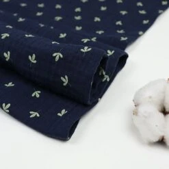 Bio Double Gauze Navy Mit Blättern
